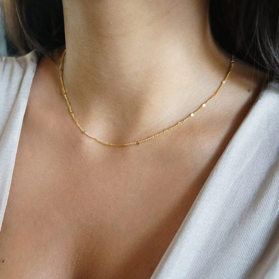 14K Gold/Silver Plated Satellite Choker Shining Dots Station Box Chain 3 Blue Beads Sparkle Chain Necklace Open Hearts Open Stars Link Chain Exquisite Jewelry for women - Image 3