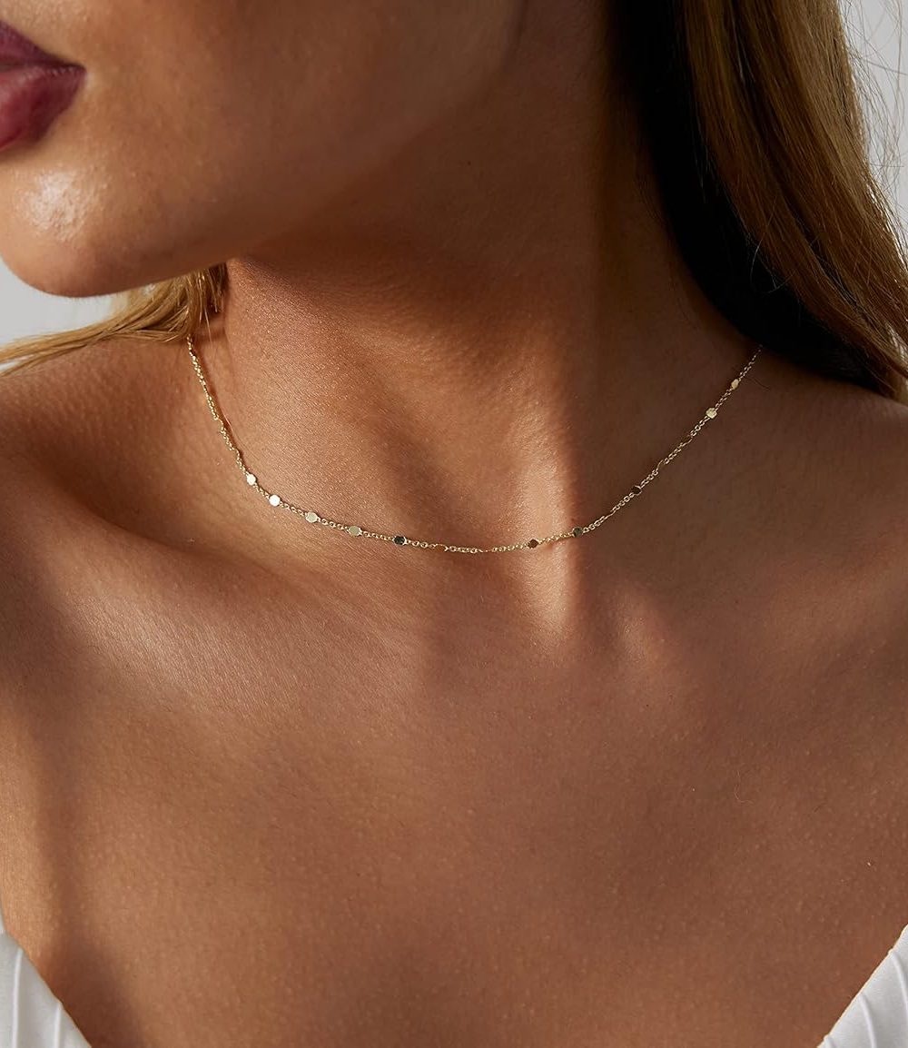 14K Gold/Silver Plated Satellite Choker Shining Dots Station Box Chain 3 Blue Beads Sparkle Chain Necklace Open Hearts Open Stars Link Chain Exquisite Jewelry for women - Image 4