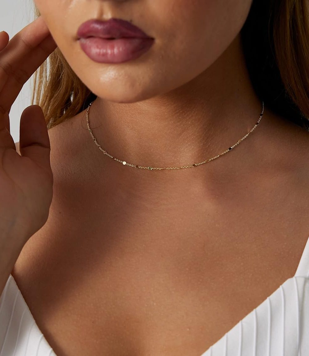 14K Gold/Silver Plated Satellite Choker Shining Dots Station Box Chain 3 Blue Beads Sparkle Chain Necklace Open Hearts Open Stars Link Chain Exquisite Jewelry for women - Image 5