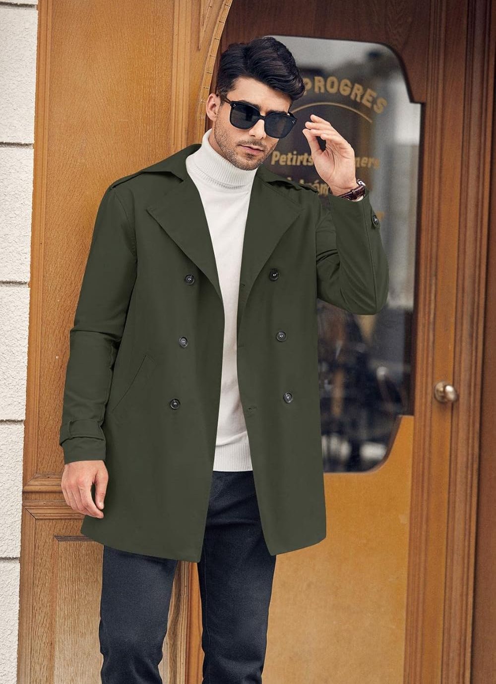 Mens Double Breasted Trench Coat Notched Lapel Casual Slim Fit Long Windbreaker Overcoat - Image 2