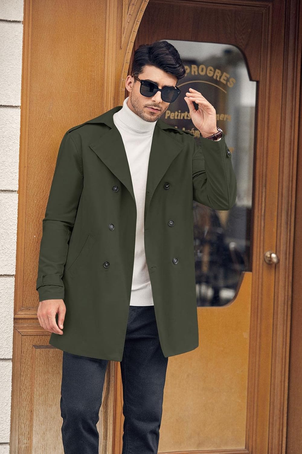 Mens Double Breasted Trench Coat Notched Lapel Casual Slim Fit Long Windbreaker Overcoat - Image 2