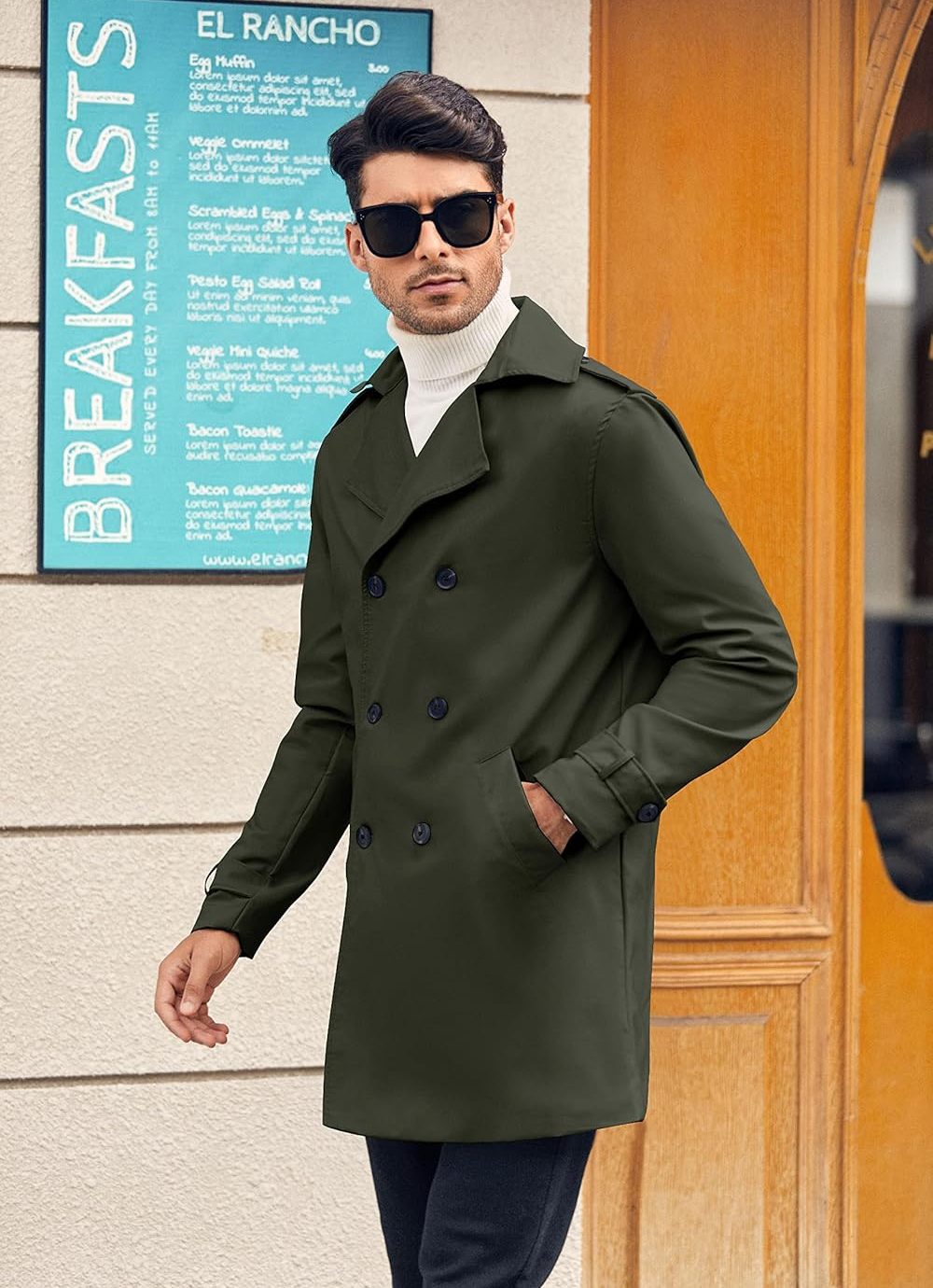 Mens Double Breasted Trench Coat Notched Lapel Casual Slim Fit Long Windbreaker Overcoat - Image 3