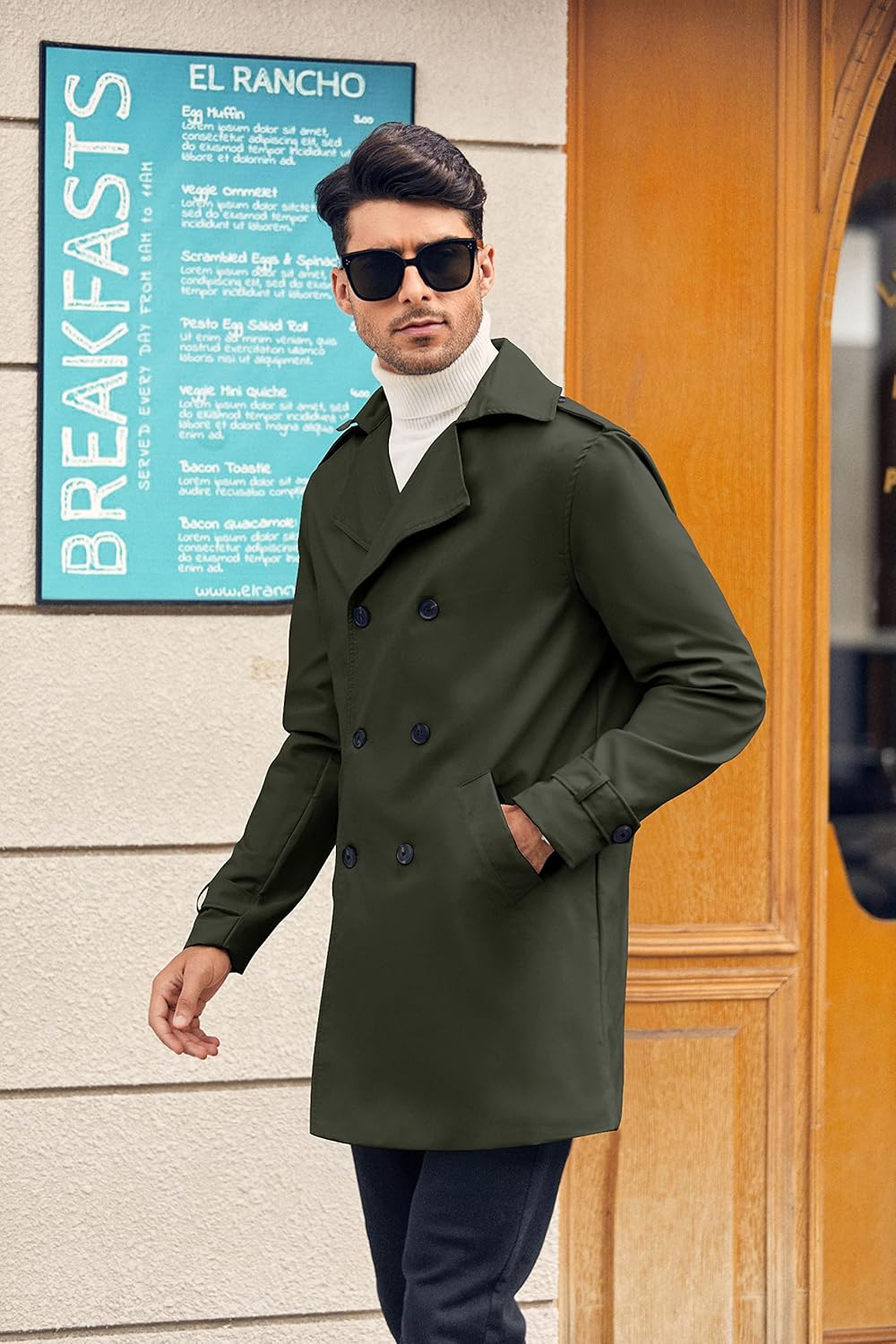 Mens Double Breasted Trench Coat Notched Lapel Casual Slim Fit Long Windbreaker Overcoat - Image 3
