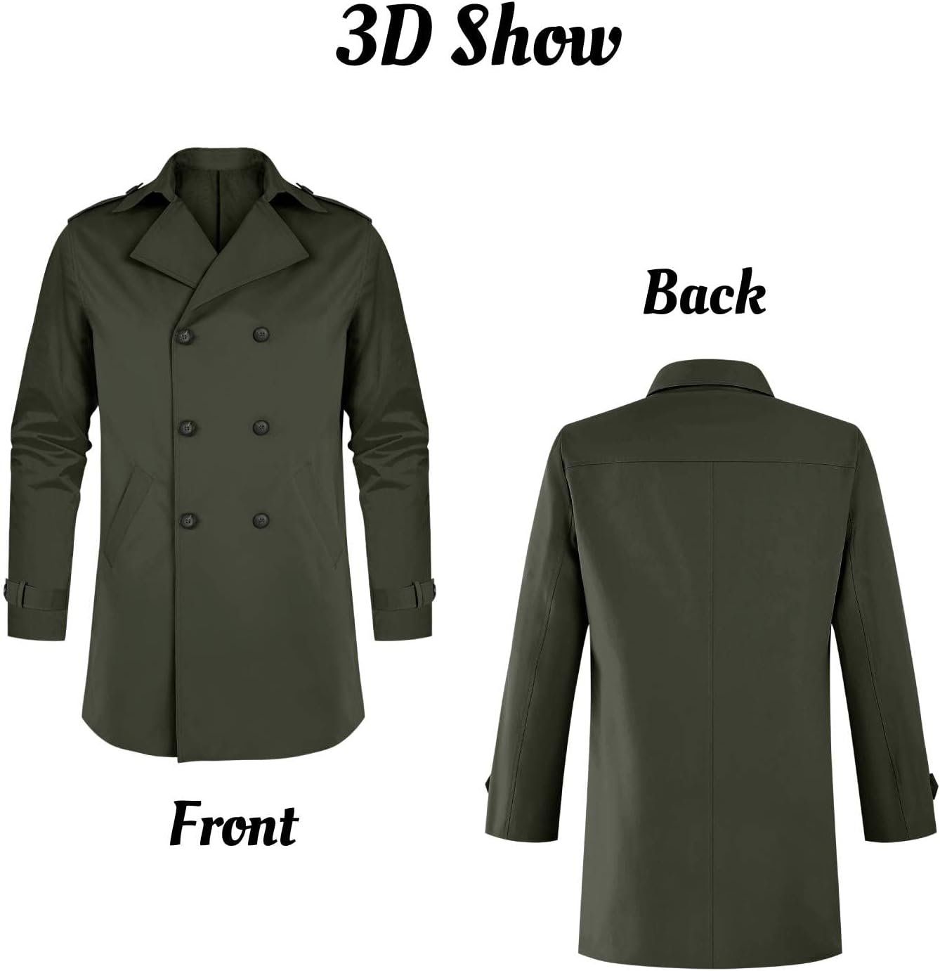 Mens Double Breasted Trench Coat Notched Lapel Casual Slim Fit Long Windbreaker Overcoat - Image 4