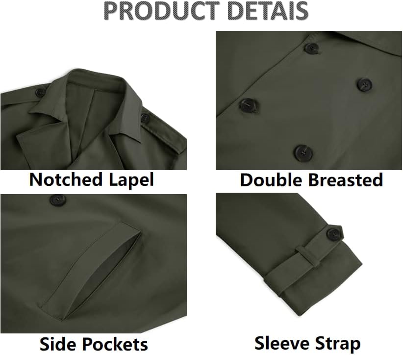 Mens Double Breasted Trench Coat Notched Lapel Casual Slim Fit Long Windbreaker Overcoat - Image 5
