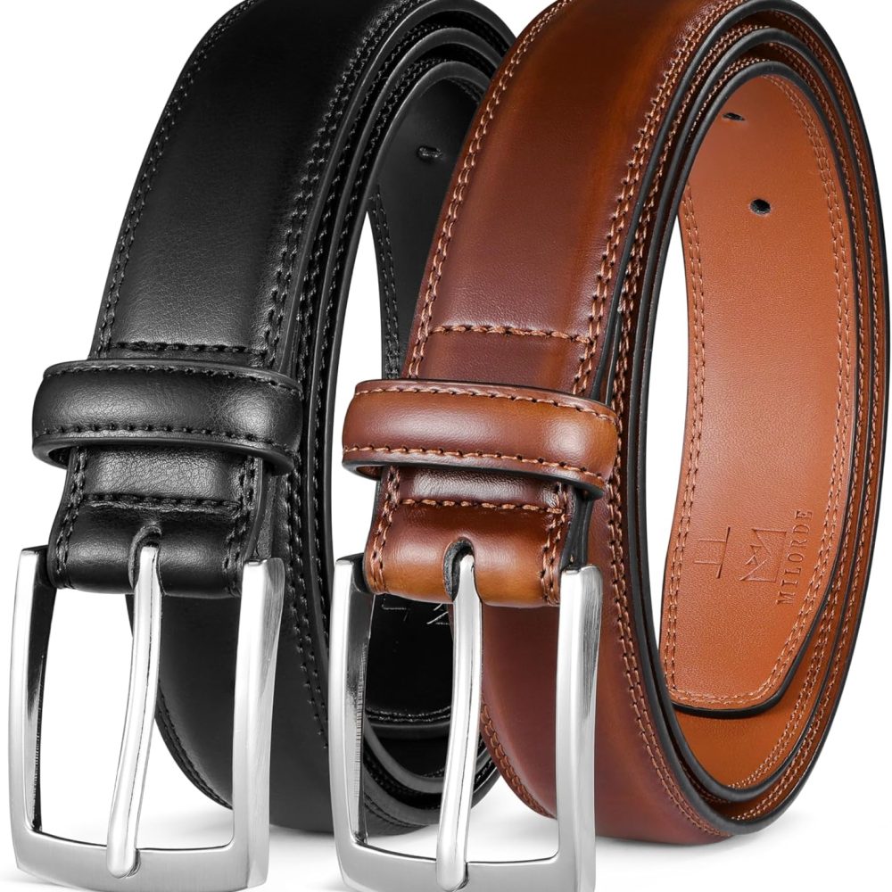 Men's Leather Dress Belt 2Pack, Handmade, Genuine Leather, Fashion & Classic Designs for Work Business and Casual