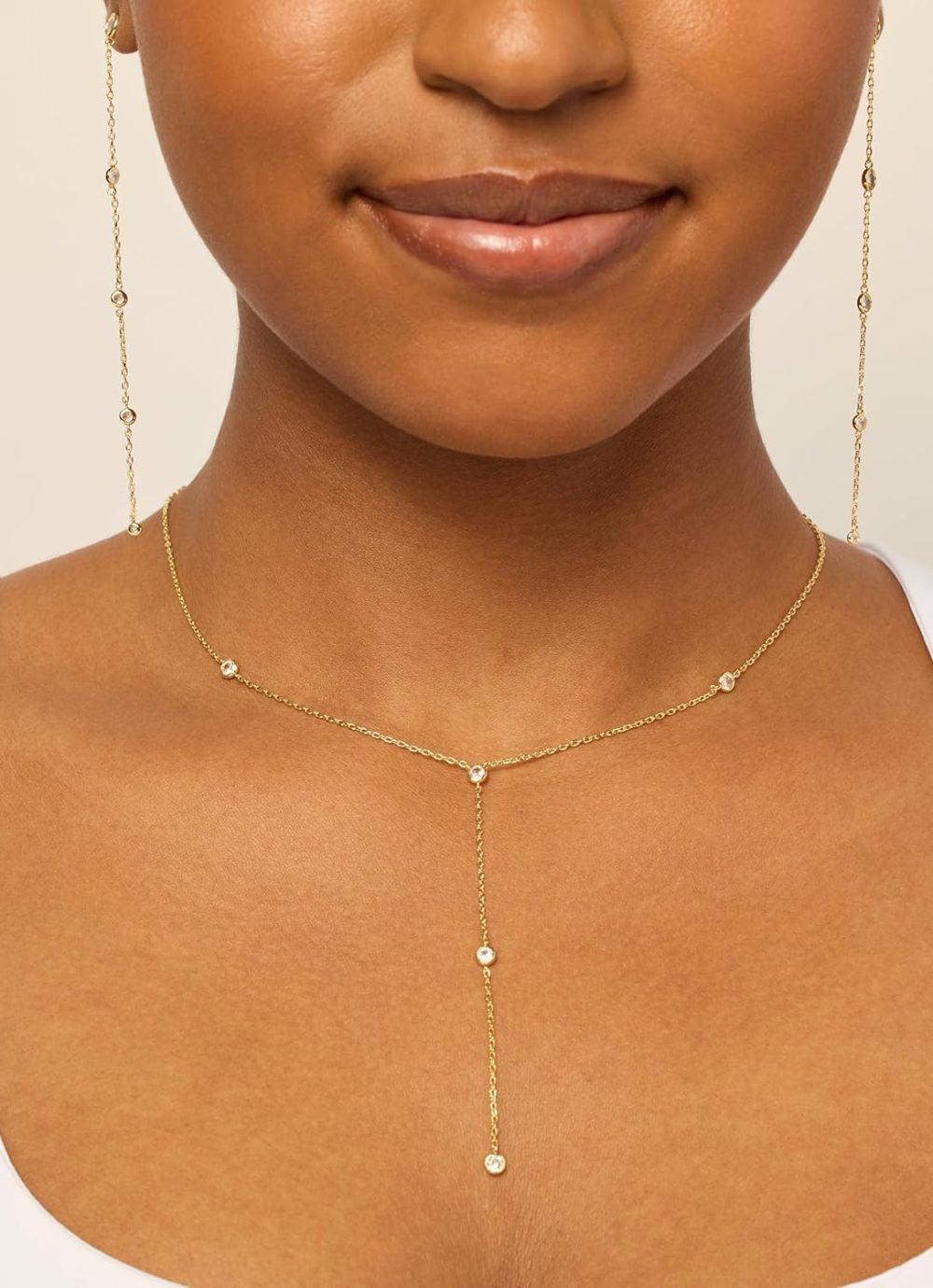 14K Gold Plated Drop Lariat Chain for Women - Gold Cubic Zirconia Long Necklace - Station Star Layered Beaded Y Necklace - Image 2
