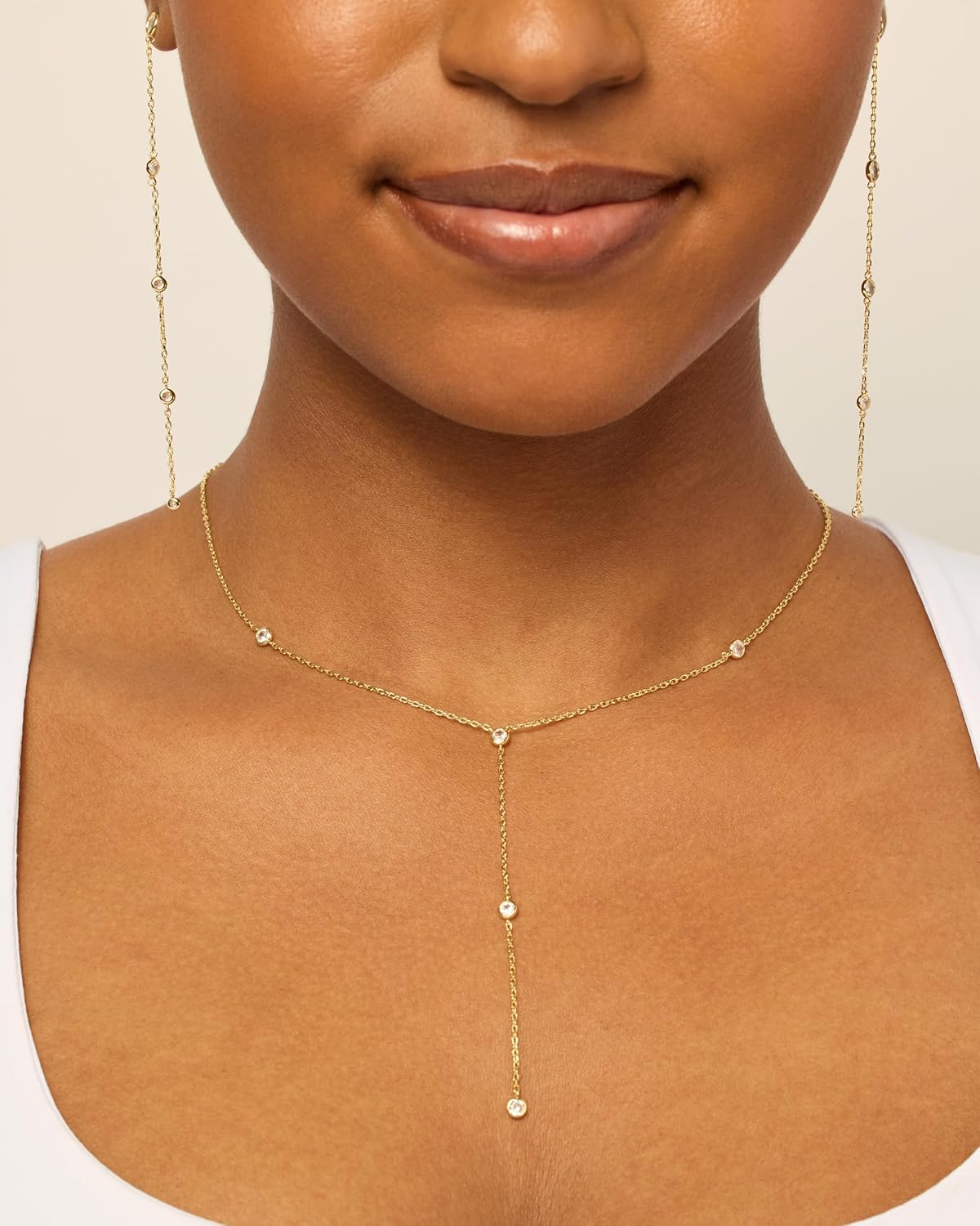 14K Gold Plated Drop Lariat Chain for Women - Gold Cubic Zirconia Long Necklace - Station Star Layered Beaded Y Necklace - Image 2