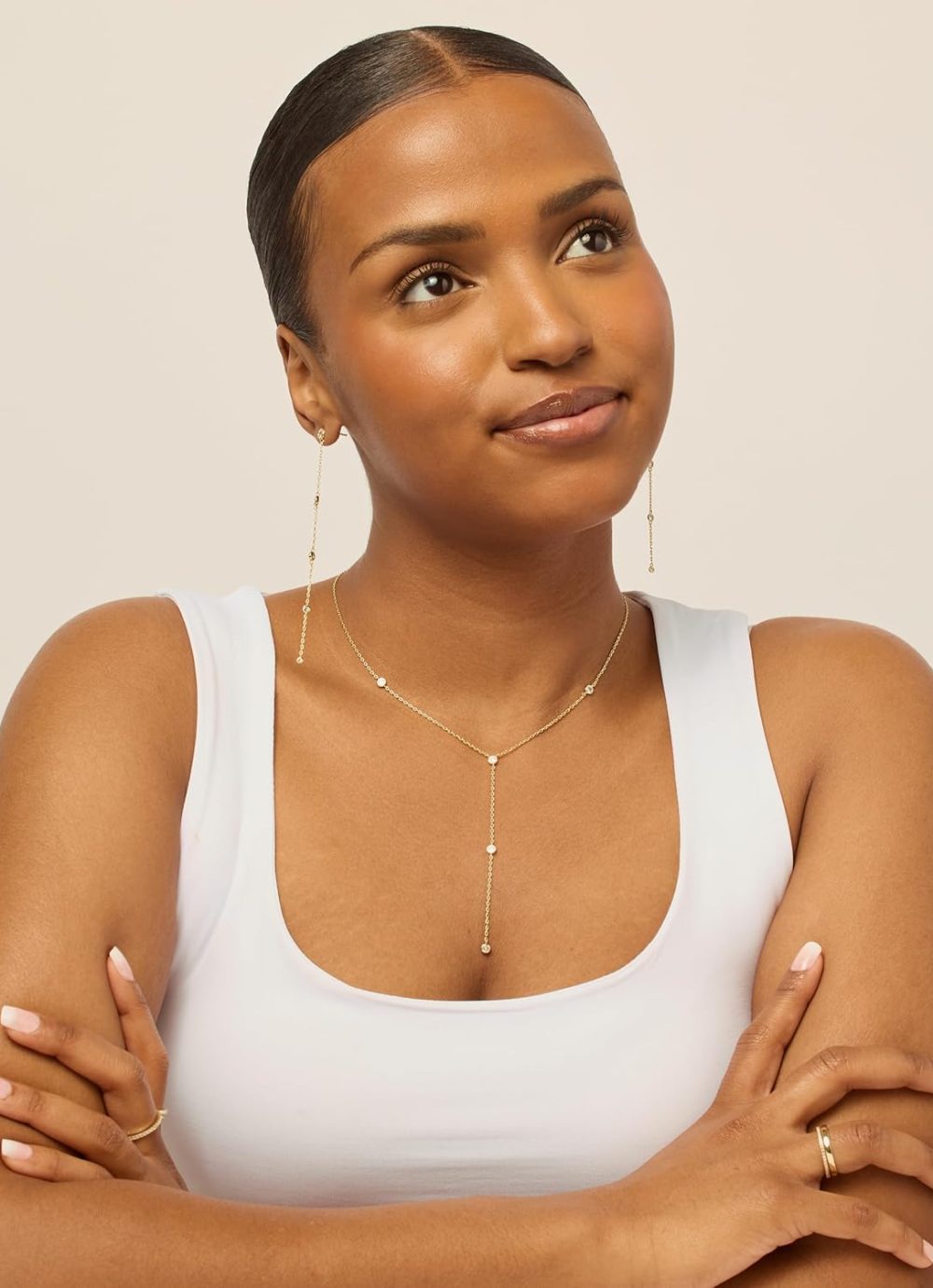 14K Gold Plated Drop Lariat Chain for Women - Gold Cubic Zirconia Long Necklace - Station Star Layered Beaded Y Necklace - Image 3