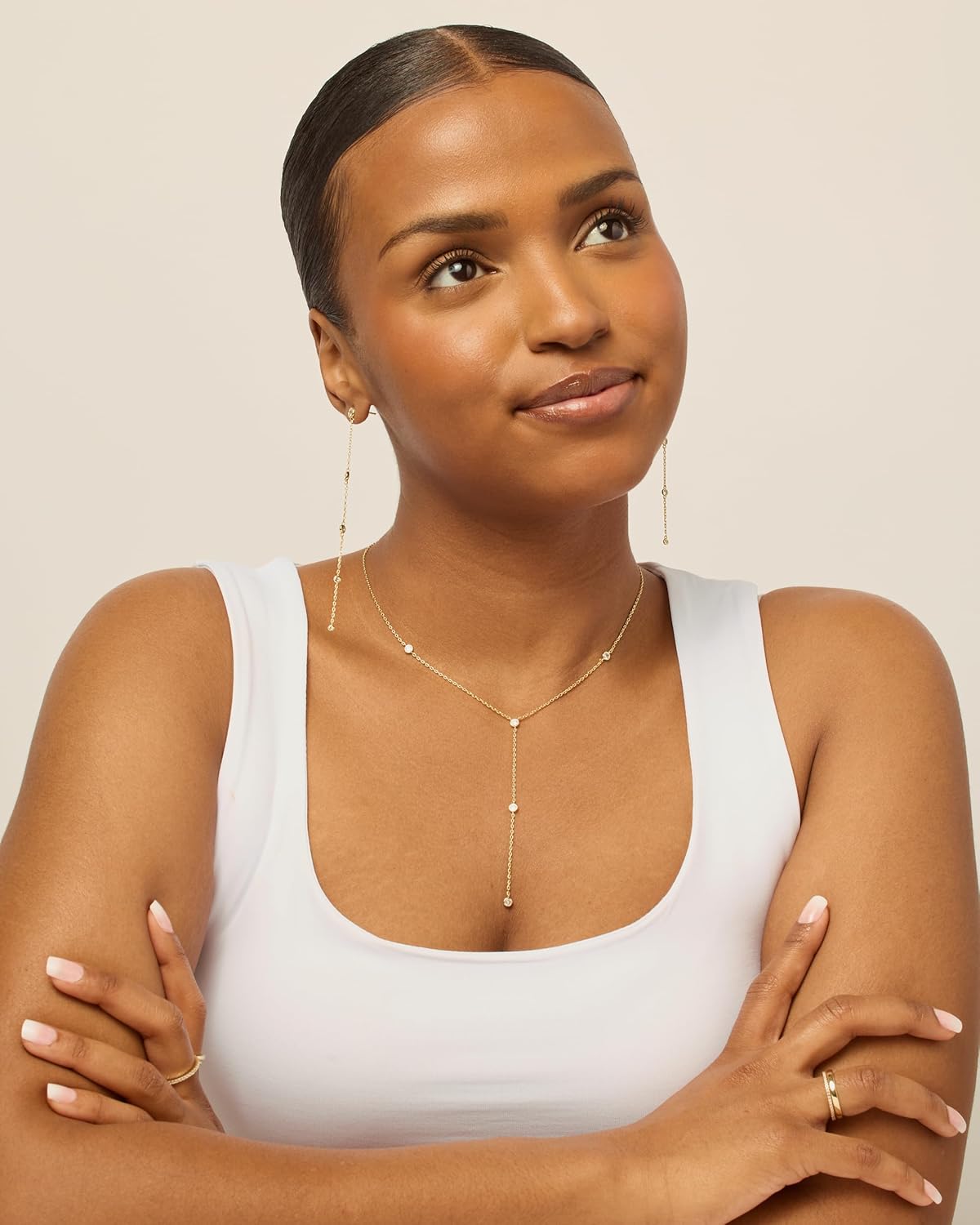 14K Gold Plated Drop Lariat Chain for Women - Gold Cubic Zirconia Long Necklace - Station Star Layered Beaded Y Necklace - Image 3