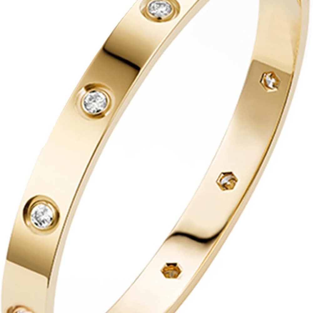 18K Gold Plated Love Friendship Bracelets with CZ Stones Trendy Stainless Steel Bangle Jewelry
